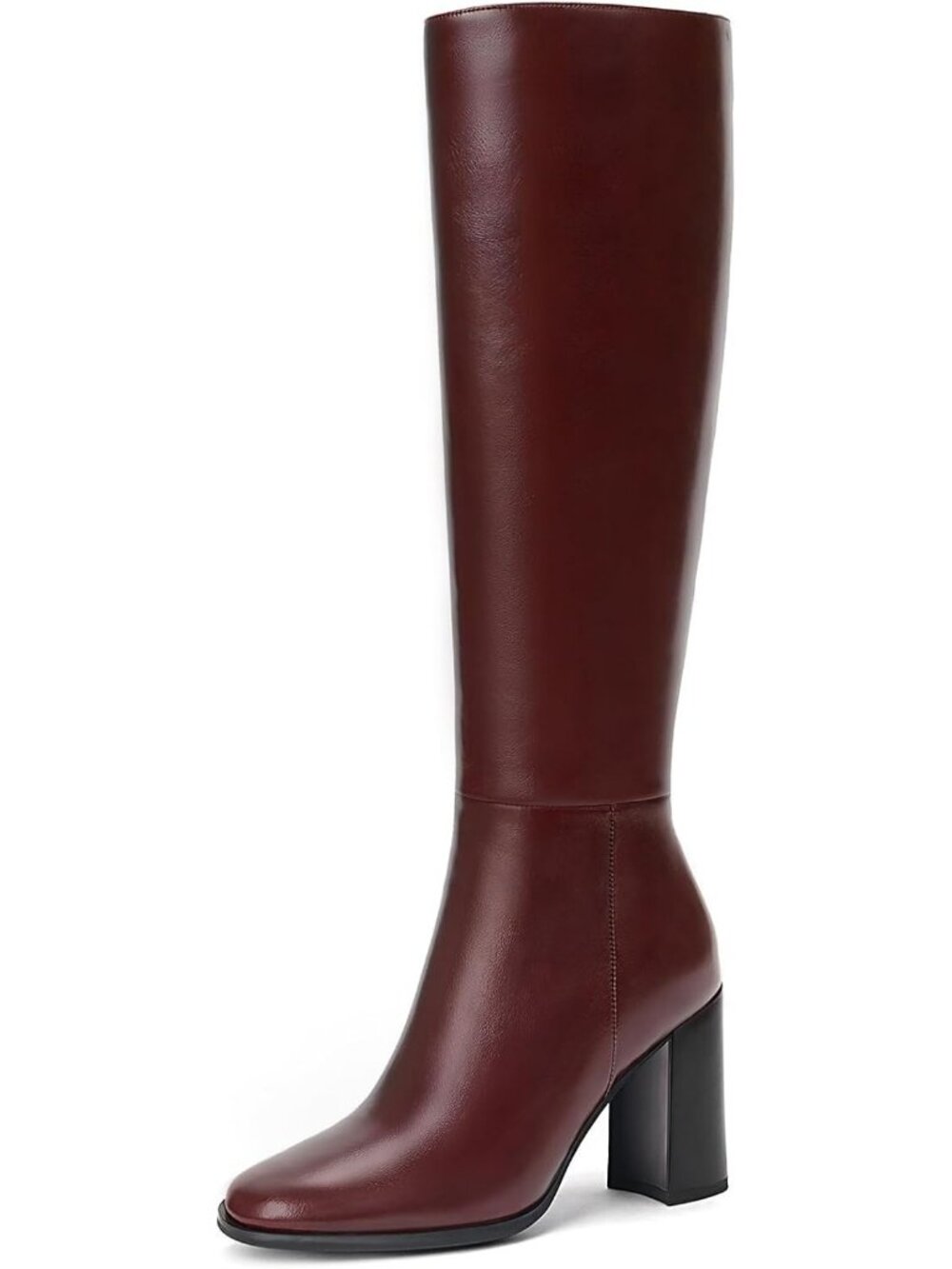 Women Burgundy Round Toe Side Zip Chunky Heel Fashion Tall Knee High Casual Boot
